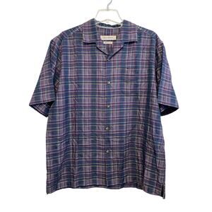 Tommy‎ Bahama 100% Silk Short Sleeve Button Up Shirt Men Size Large Plaid Blue